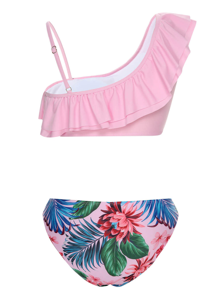 Rosa 1960er Tropische Pflanzen Rüschen Badeanzug
