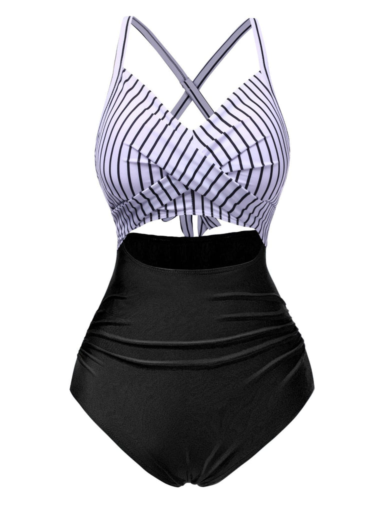 Grün 1940er Streifen Patchwork Hohl Einteiliger Badeanzug