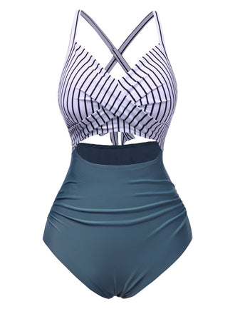 Blau 1940er Streifen Patchwork Hohl Einteiliger Badeanzug