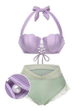 Lavendel 1970er Meerjungfrau Hülse Halter Bikini Set