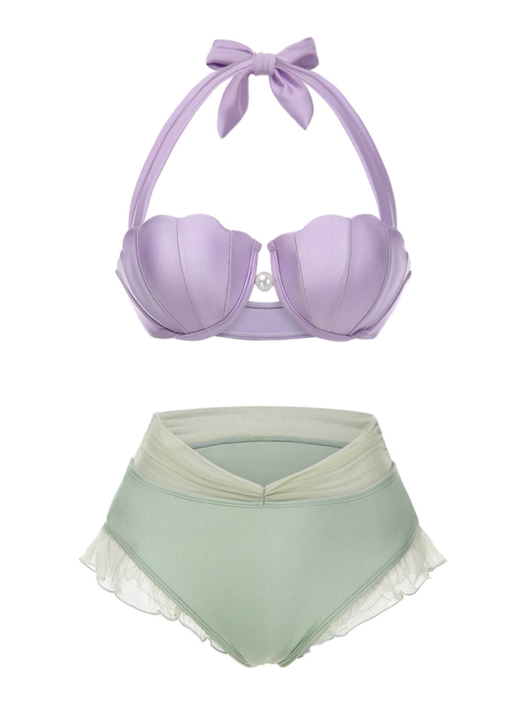 Lavendel 1970er Meerjungfrau Hülse Halter Bikini Set