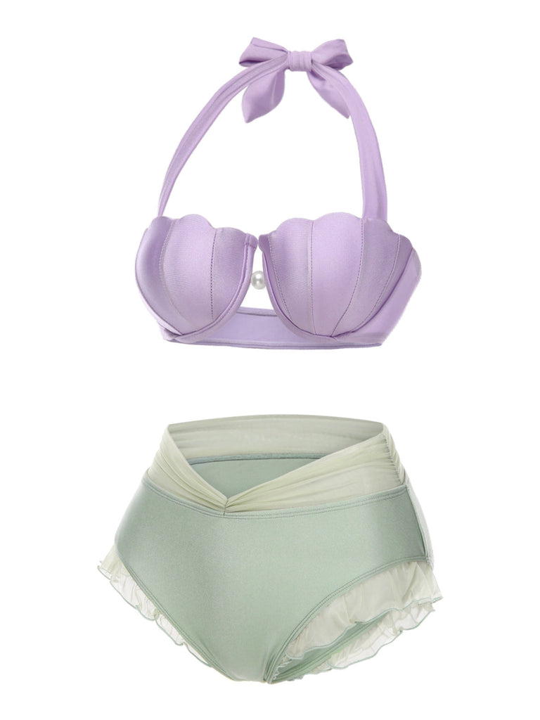 Lavendel 1970er Meerjungfrau Hülse Halter Bikini Set