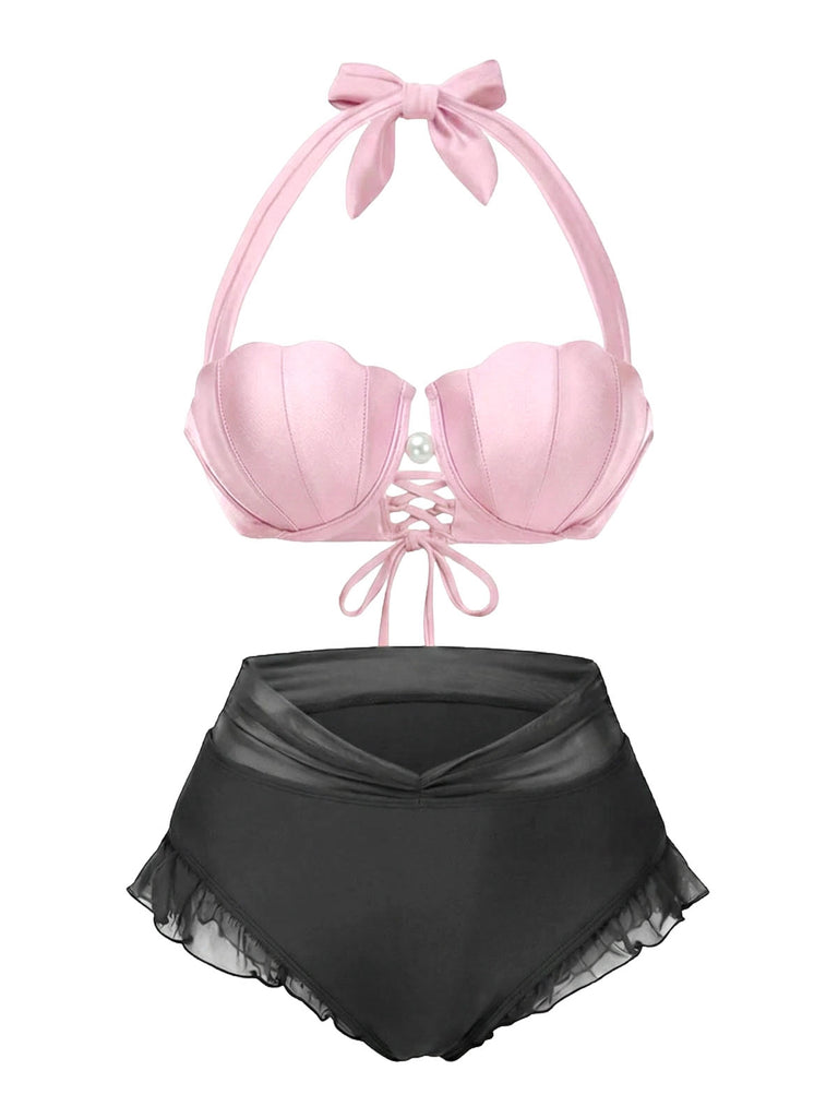 Rosa 1970er Meerjungfrau Hülse Halter Bikini Set