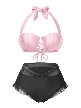 Rosa 1970er Meerjungfrau Hülse Halter Bikini Set