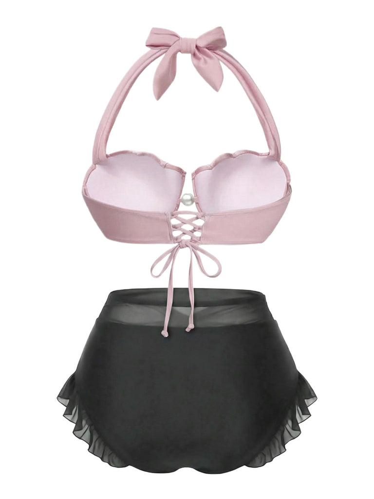 [Vorverkauf] Rosa 1970er Meerjungfrau Hülse Halter Bikini Set