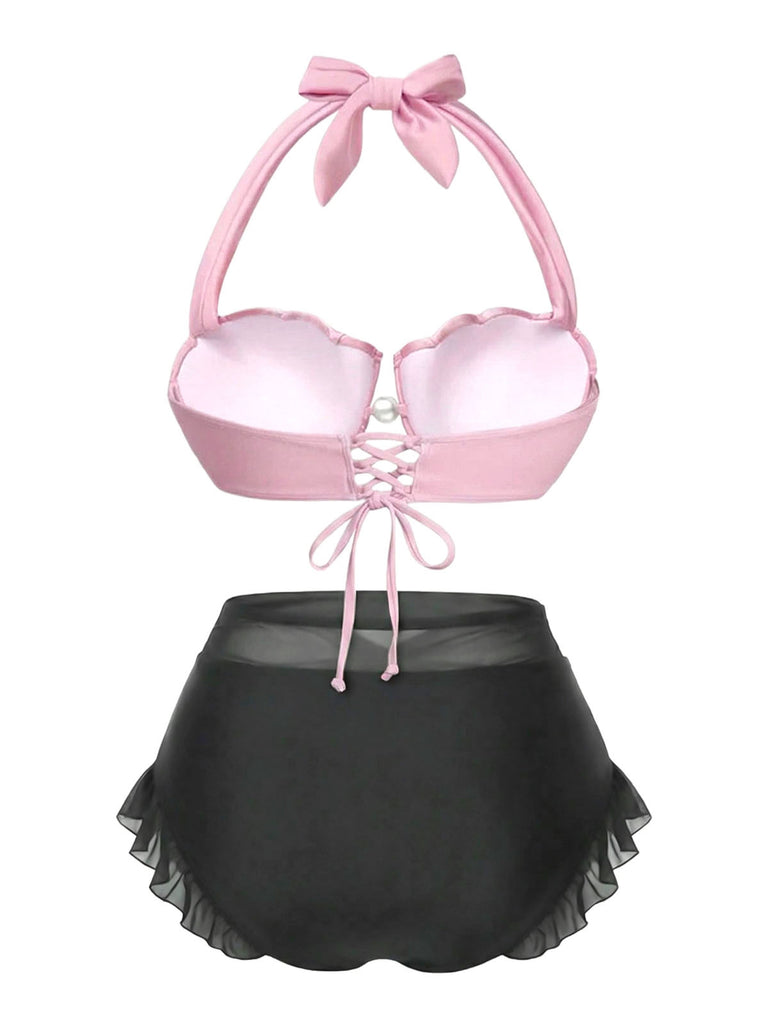 Rosa 1970er Meerjungfrau Hülse Halter Bikini Set