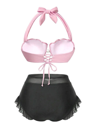 Rosa 1970er Meerjungfrau Hülse Halter Bikini Set
