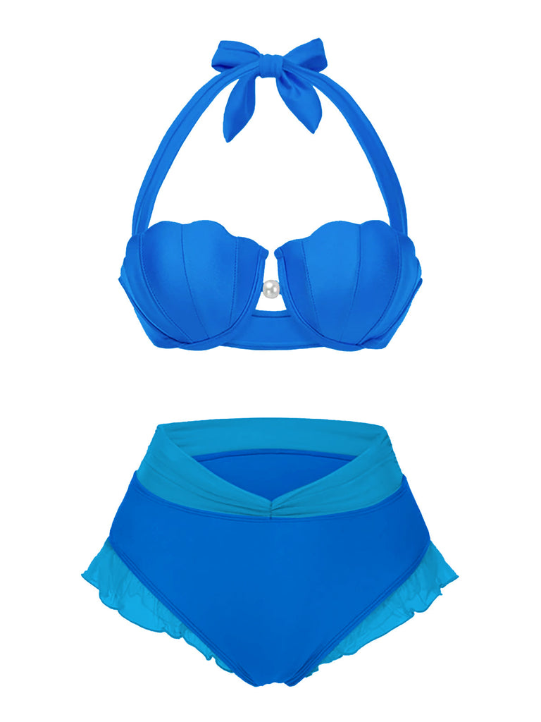 Blau 1970er Meerjungfrau Hülse Halter Bikini Set