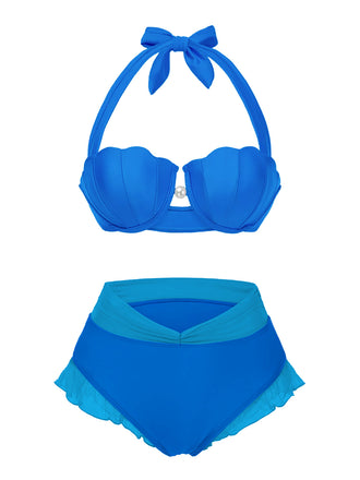 Blau 1970er Meerjungfrau Hülse Halter Bikini Set