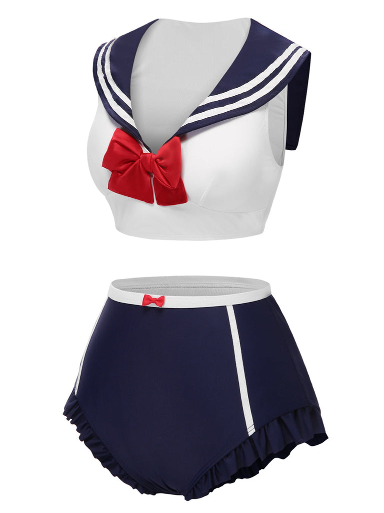 Dunkelblau 1970er Sailor Kragen Bogen Badeanzug