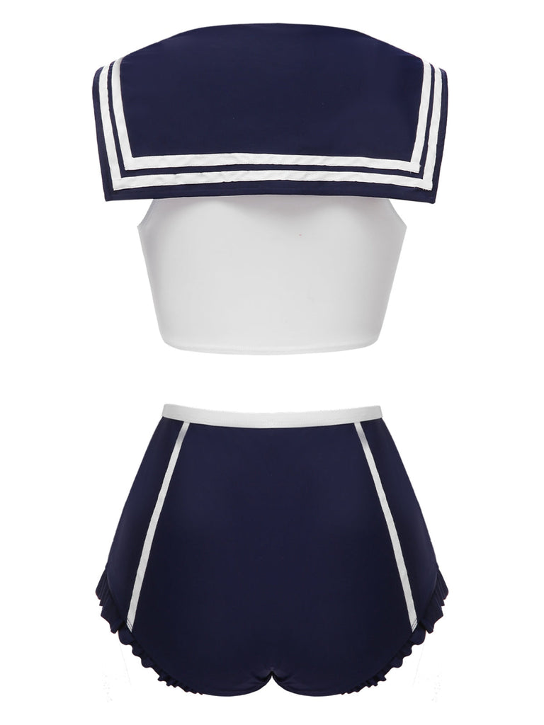 Dunkelblau 1970er Sailor Kragen Bogen Badeanzug