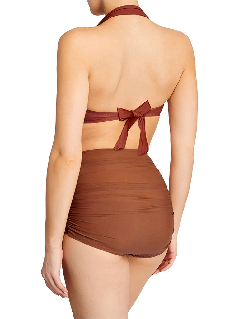 Orange 1950er Solide Netz Halter Badeanzug