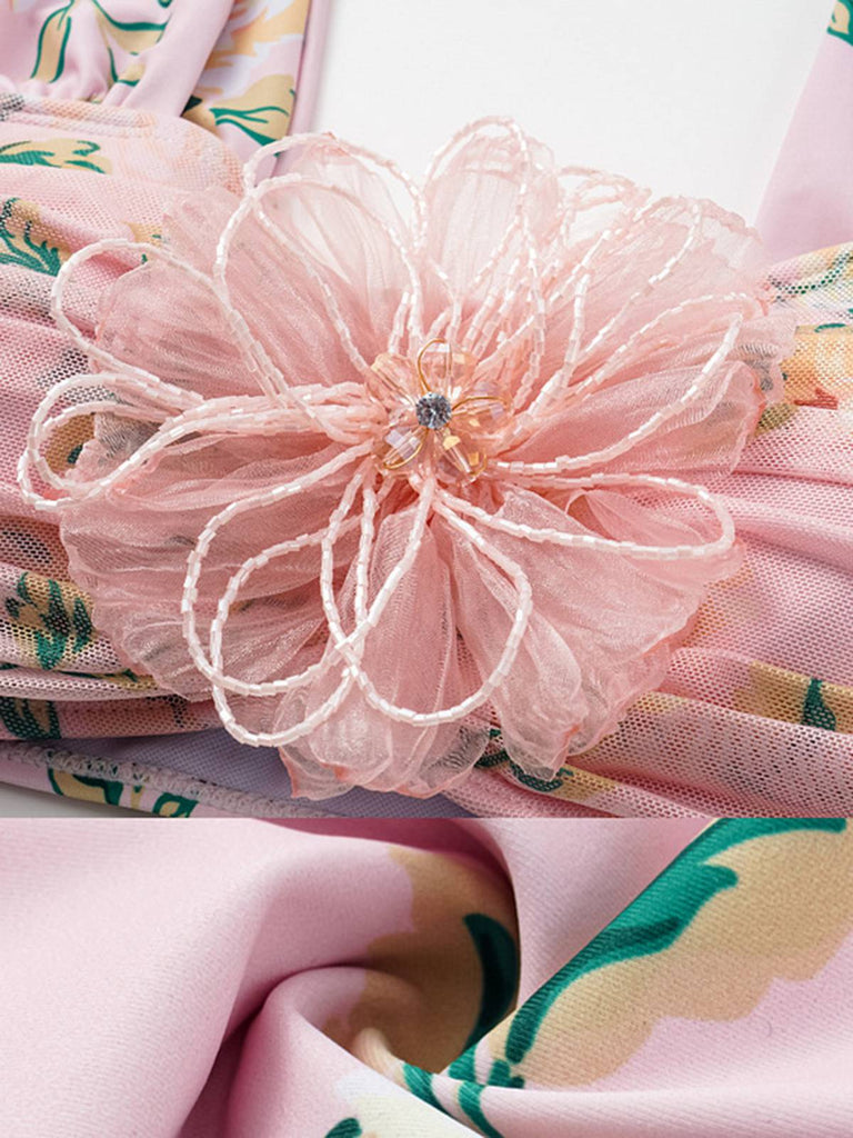 [Vorverkauf] Rosa 1930er Handgefertigt 3D-Blumen Plissiertes Badeanzug
