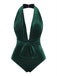 Dunkelgrün 1970er Samt Tief V-Ausschnitt Badeanzug