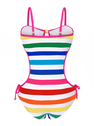 Regenbogen 1960er Barbie Streifen Hohl Bogen Badeanzug