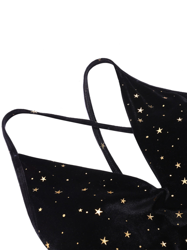 [Vorverkauf] Schwarz 1960er Samt Zurück-Kreuz Träger Badeanzug