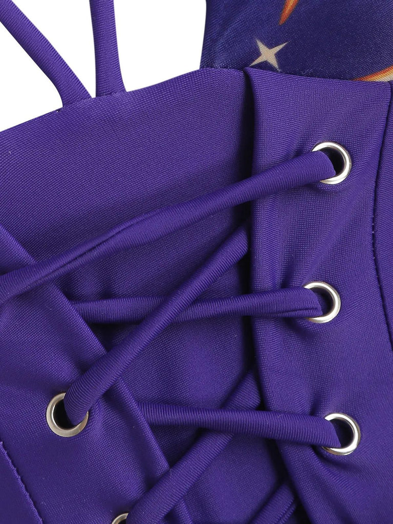 Schwarz 1940er Sonne Mond Sterne Schnürung Badeanzug