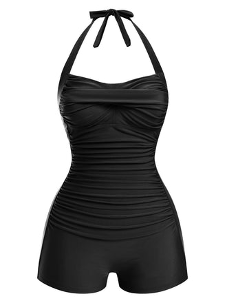 Schwarz 1950er Solide Halter Boxer Einteiliger Badeanzug