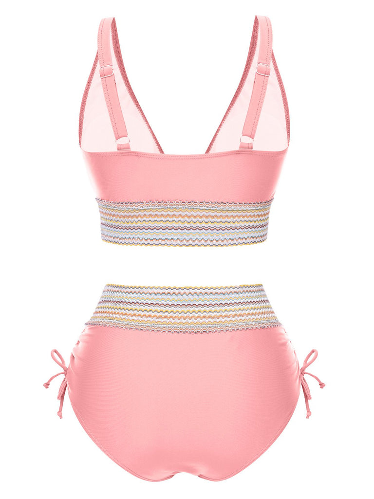 Grün 1970er V-Ausschnitt Patchwork Hohe-Taille Bikini