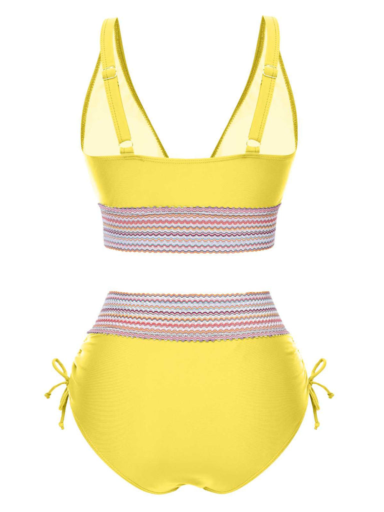 Grün 1970er V-Ausschnitt Patchwork Hohe-Taille Bikini