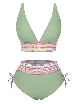 Grün 1970er V-Ausschnitt Patchwork Hohe-Taille Bikini