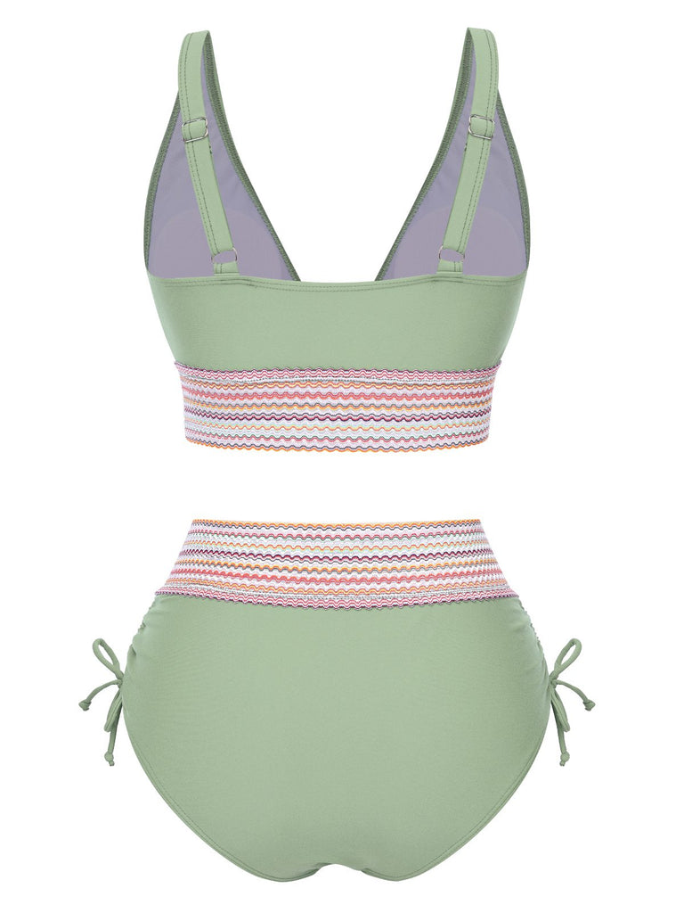 Grün 1970er V-Ausschnitt Patchwork Hohe-Taille Bikini