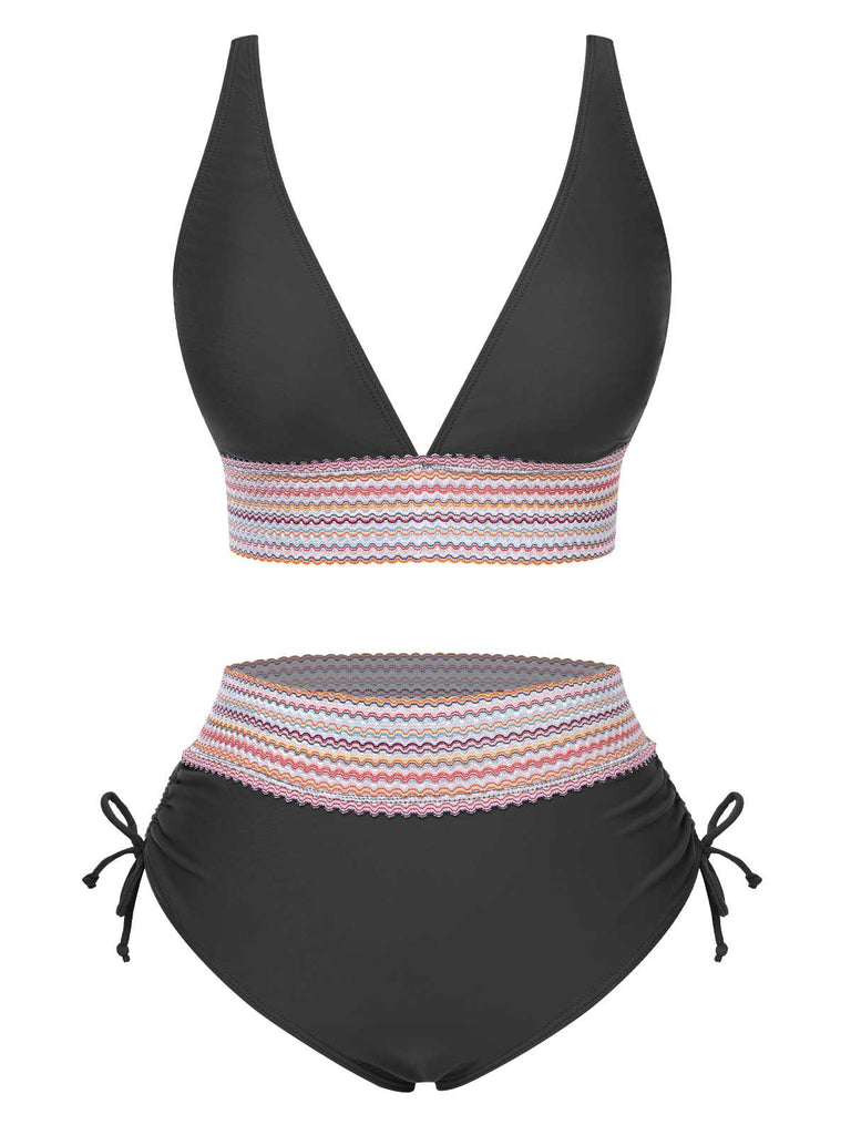 Grün 1970er V-Ausschnitt Patchwork Hohe-Taille Bikini