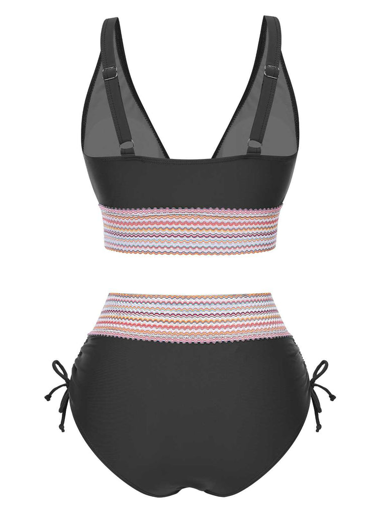 Grün 1970er V-Ausschnitt Patchwork Hohe-Taille Bikini