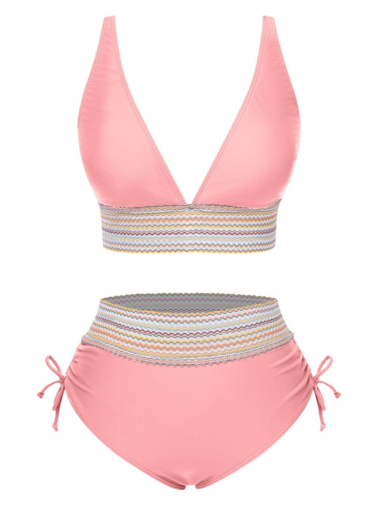 Grün 1970er V-Ausschnitt Patchwork Hohe-Taille Bikini