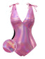 Rosa 1970er Bogen Tief-V Glanz Hohl Badeanzug
