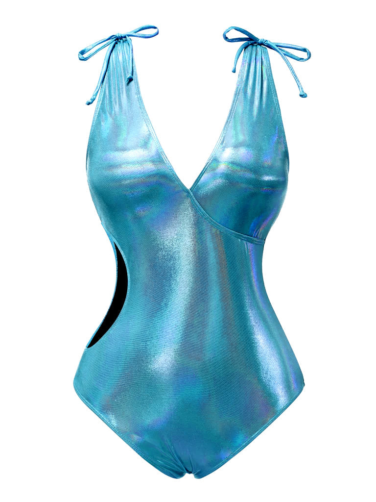 Rosa 1970er Bogen Tief-V Glanz Hohl Badeanzug