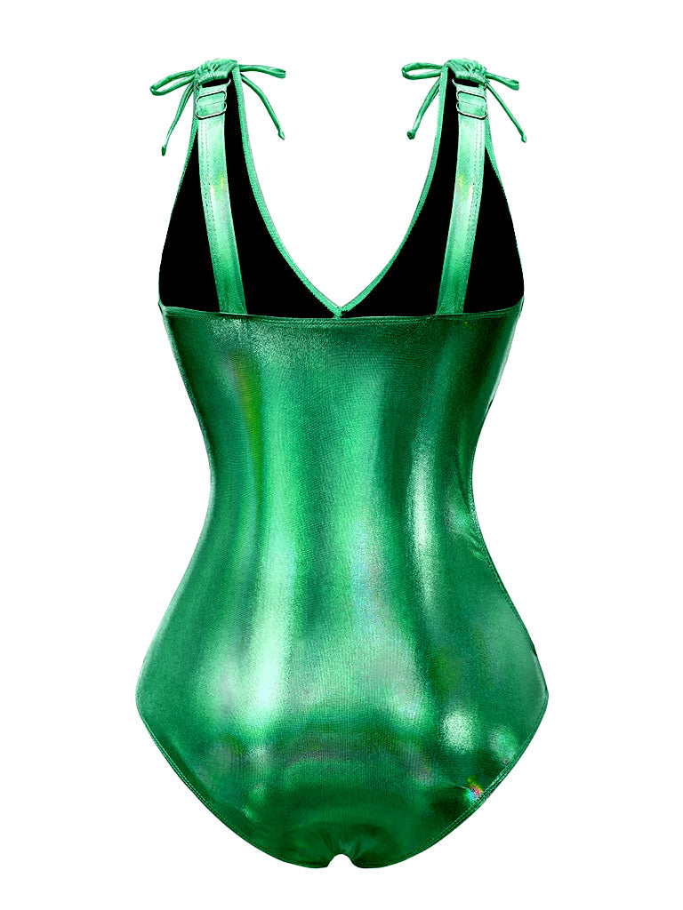 Rosa 1970er Bogen Tief-V Glanz Hohl Badeanzug