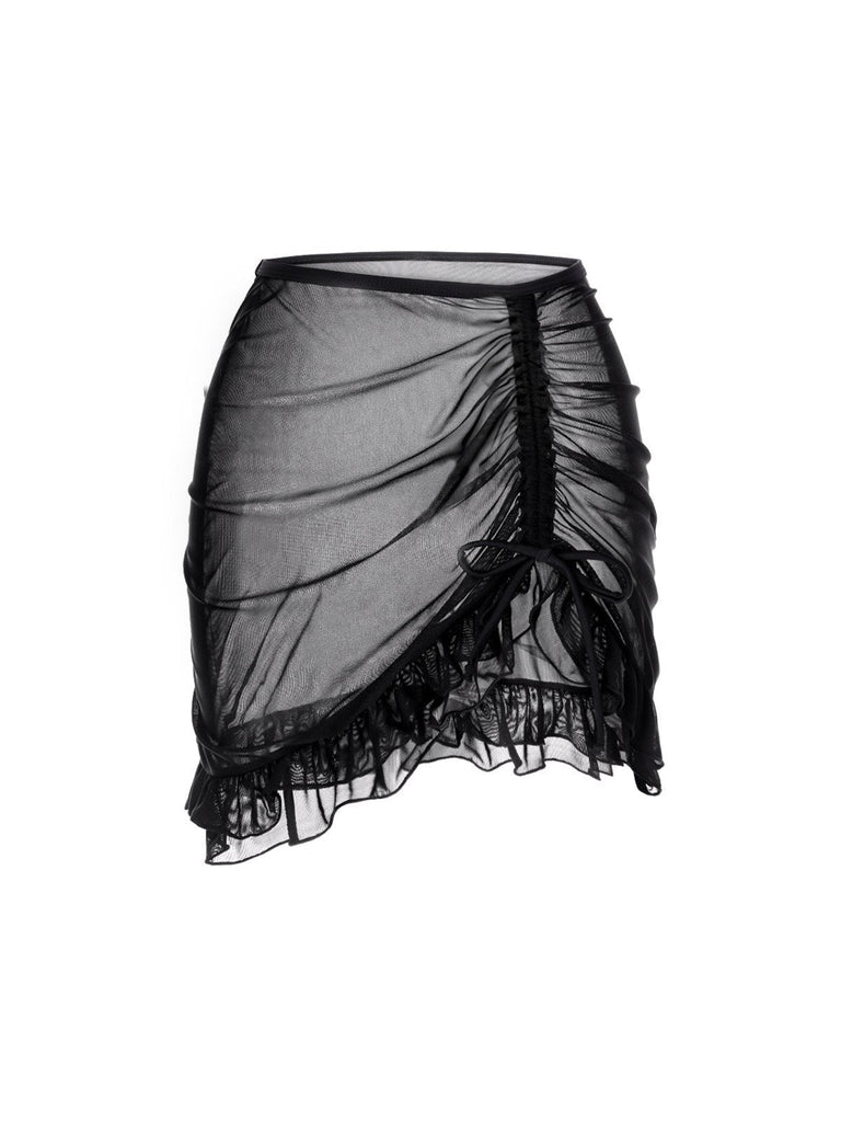 Schwarz 1970er Doppellagig Rüschen Cover-Up