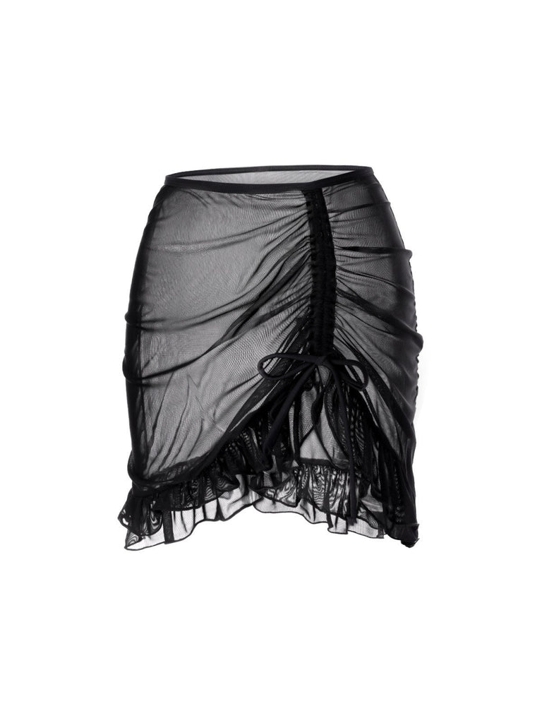 Schwarz 1970er Doppellagig Rüschen Cover-Up