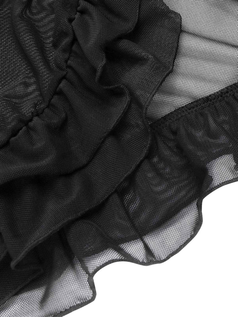 Schwarz 1970er Doppellagig Rüschen Cover-Up