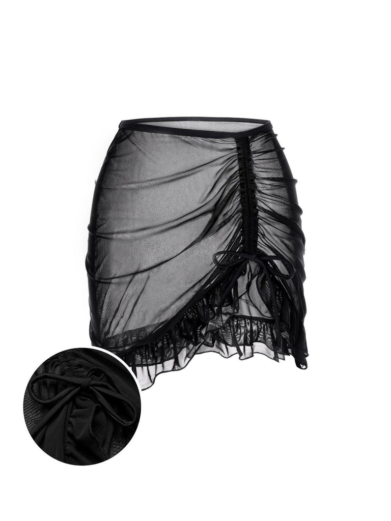 Schwarz 1970er Doppellagig Rüschen Cover-Up