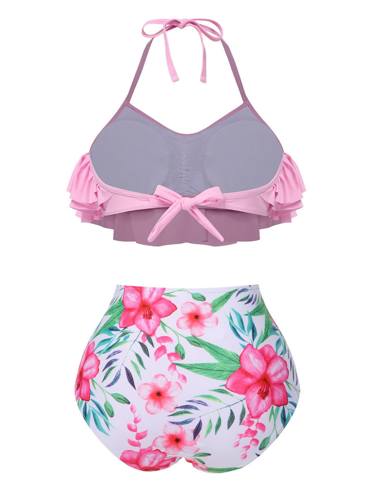 Rosa 1930er Blumen Rüschen Halter Badeanzug