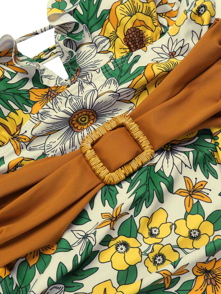 Mehrfarbig 1950er Blumen Ring Gürtel Rüschen Badeanzug