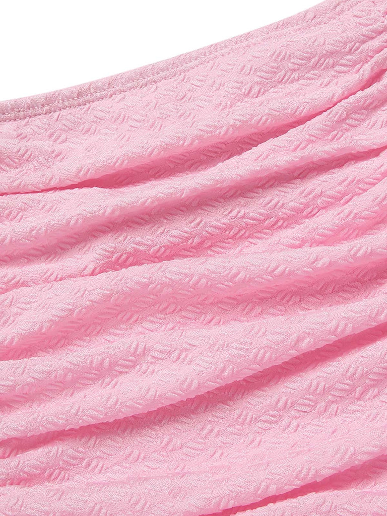 Rosa 1950er Spaghetti Träger Rüschen Solide Badeanzug