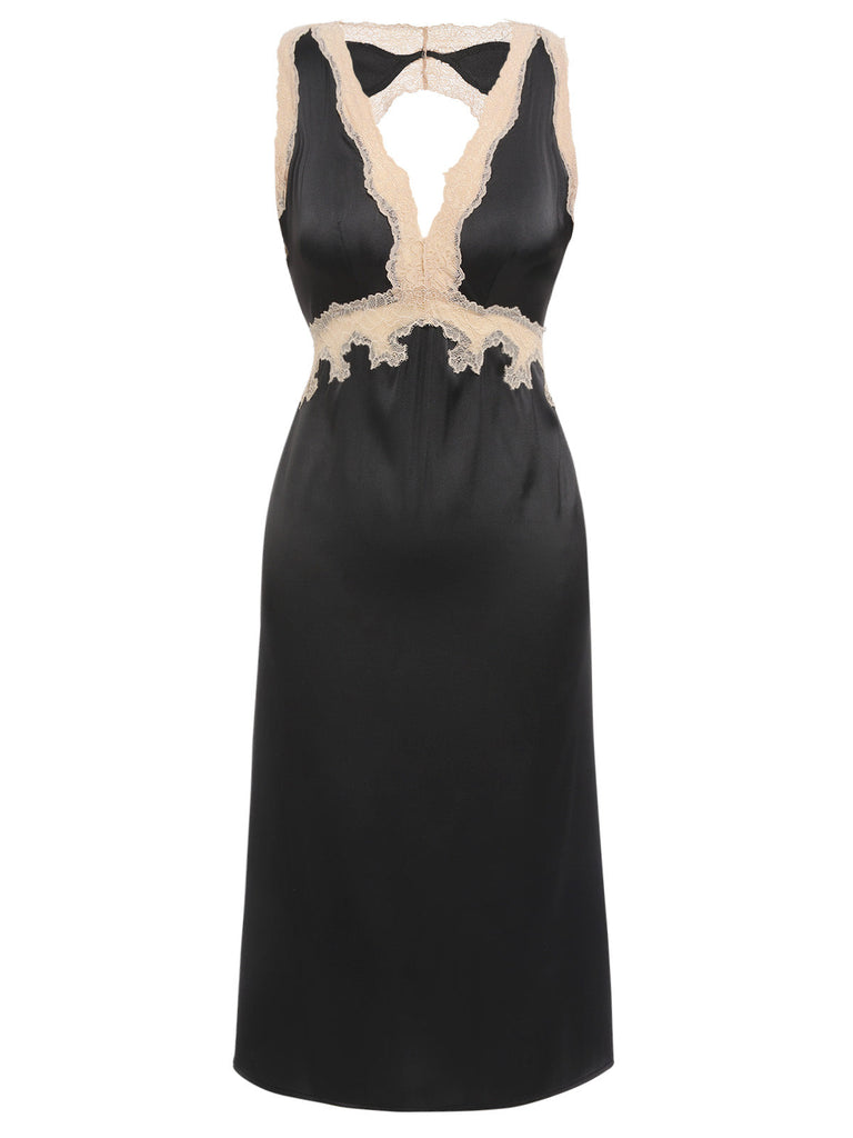 Beige 1950er Spitze Rückenfrei V-Ausschnitt Satin Nachtwäsche