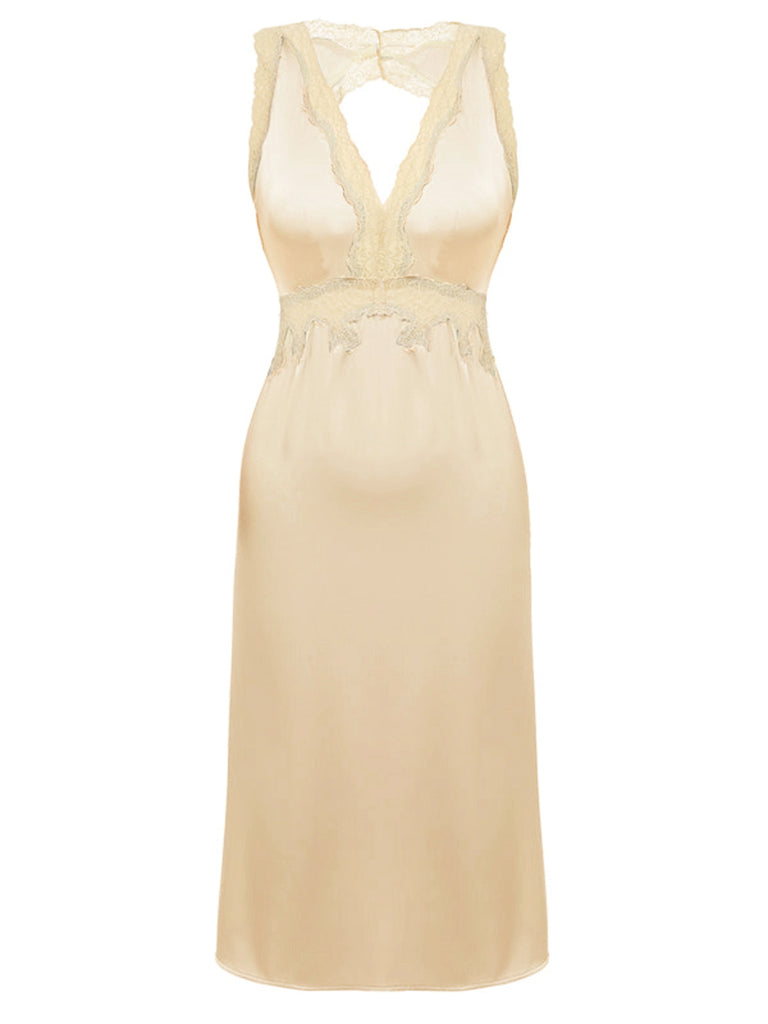 Beige 1950er Spitze Rückenfrei V-Ausschnitt Satin Nachtwäsche