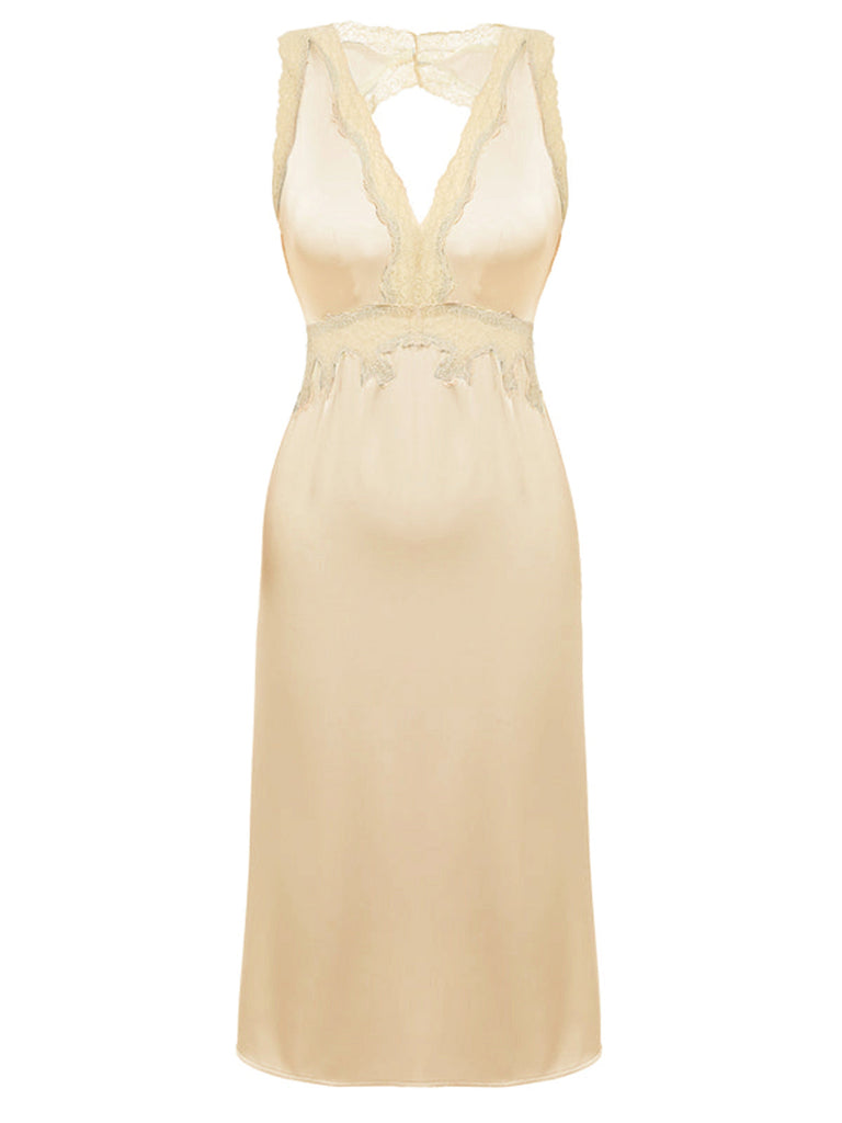 1950er Spitze Rückenfrei V-Ausschnitt Satin Nachtwäsche