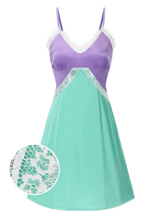 [Vorverkauf] Grün & Lila 1950er Spitze Patchwork Träger Nachthemd