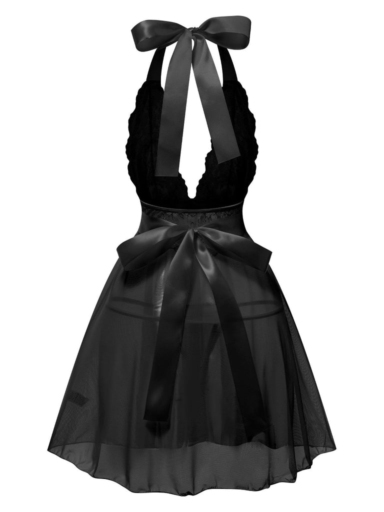 1950er V-Ausschnitt Halter Spitze Transparenter Nachthemden