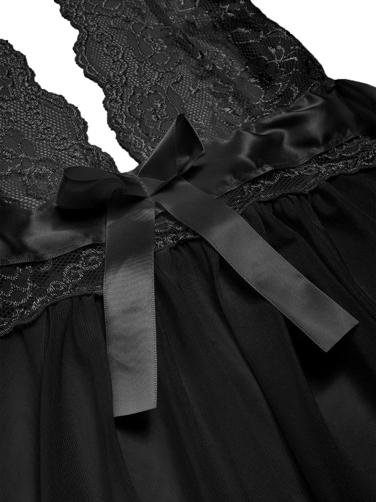 1950er V-Ausschnitt Halter Spitze Transparenter Nachthemden