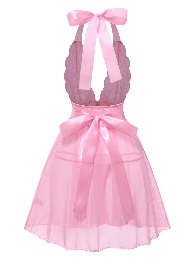 1950er V-Ausschnitt Halter Spitze Transparenter Nachthemden