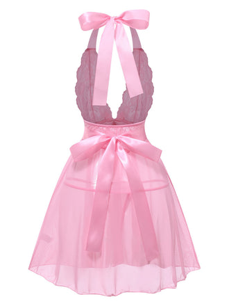 Rosa 1950er V-Ausschnitt Halter Spitze Transparenter Nachthemden