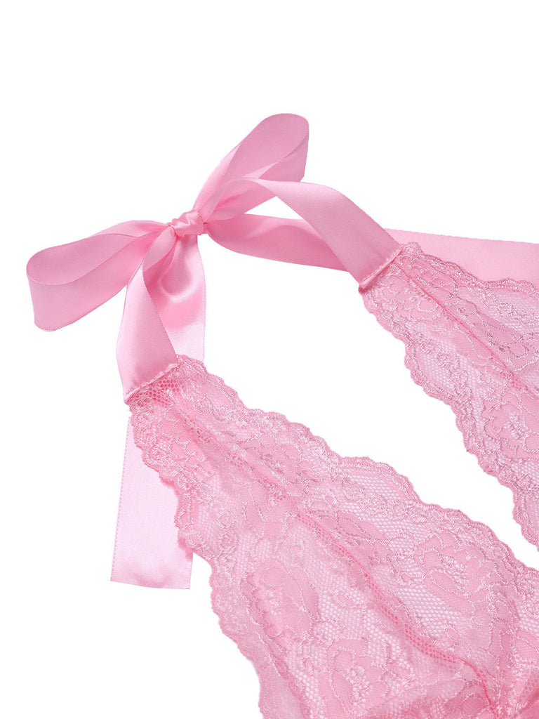 1950er V-Ausschnitt Halter Spitze Transparenter Nachthemden