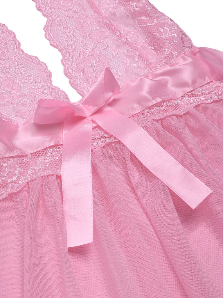 1950er V-Ausschnitt Halter Spitze Transparenter Nachthemden