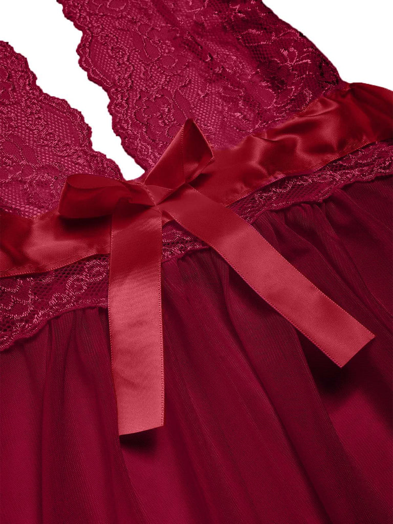 1950er V-Ausschnitt Halter Spitze Transparenter Nachthemden